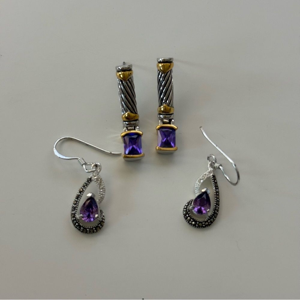 Lot of 2 Silver and Gold Earrings with Purple Accents